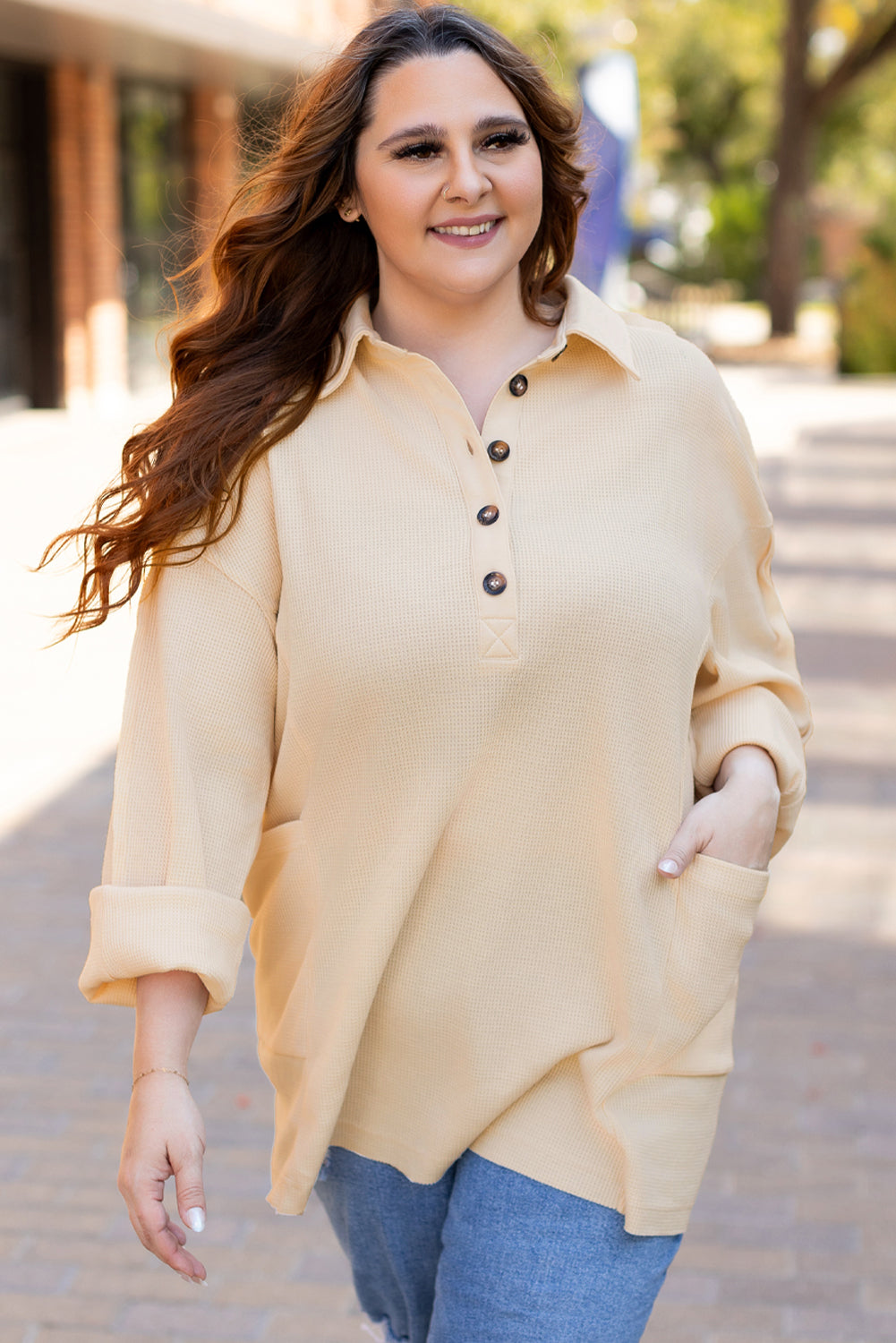 Beth Waffle Knit Henley Tunic Top