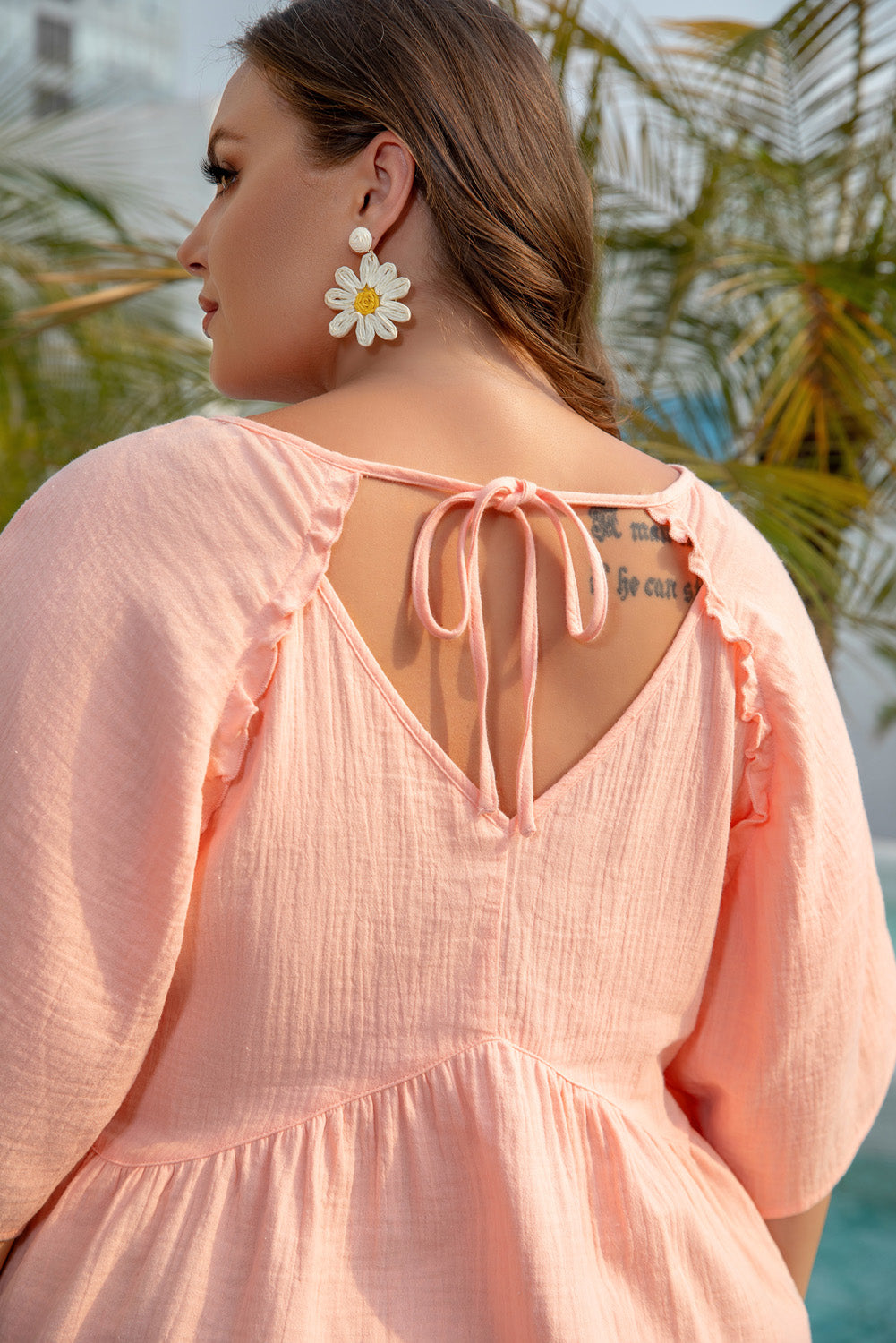 Plus Size Textured Wide Short Sleeve Babydoll Blouse