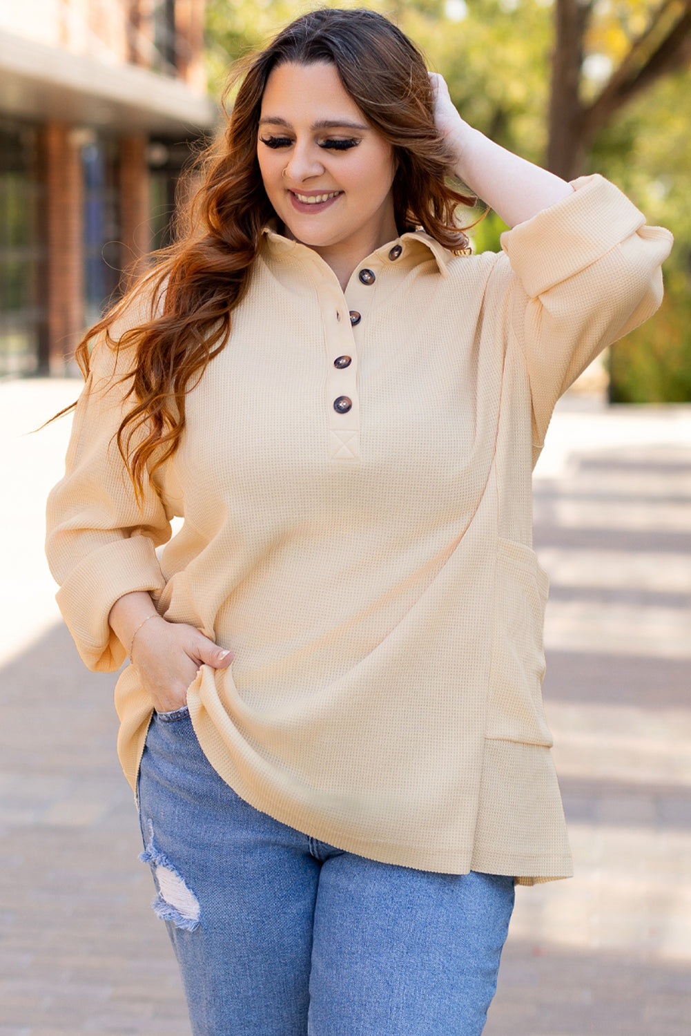 Beth Waffle Knit Henley Tunic Top