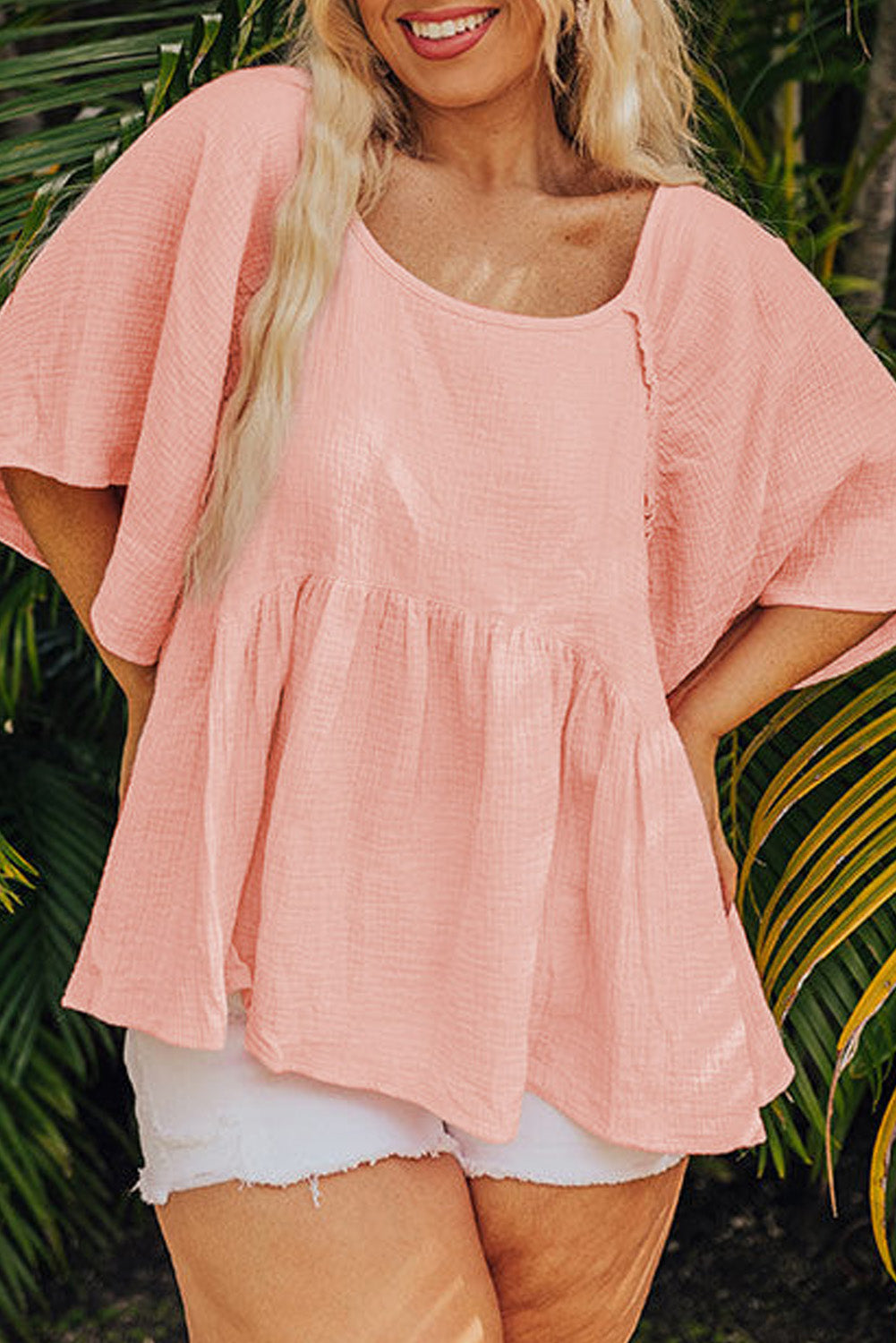Plus Size Textured Wide Short Sleeve Babydoll Blouse