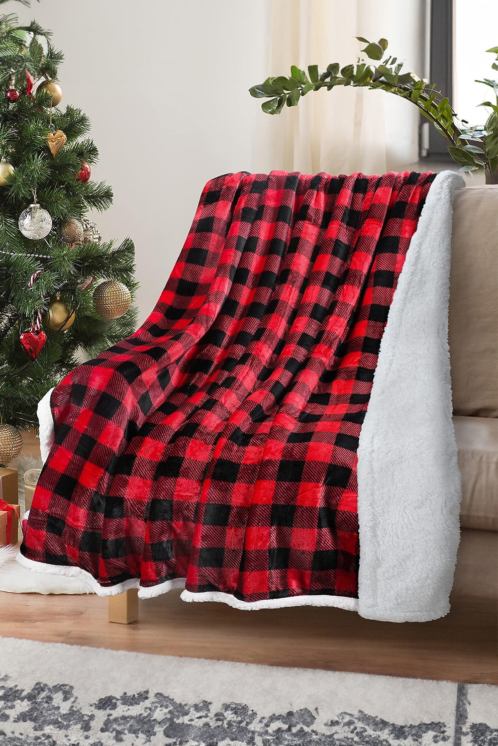 Fiery Red Buffalo Plaid Print Sherpa Large Throw Blanket