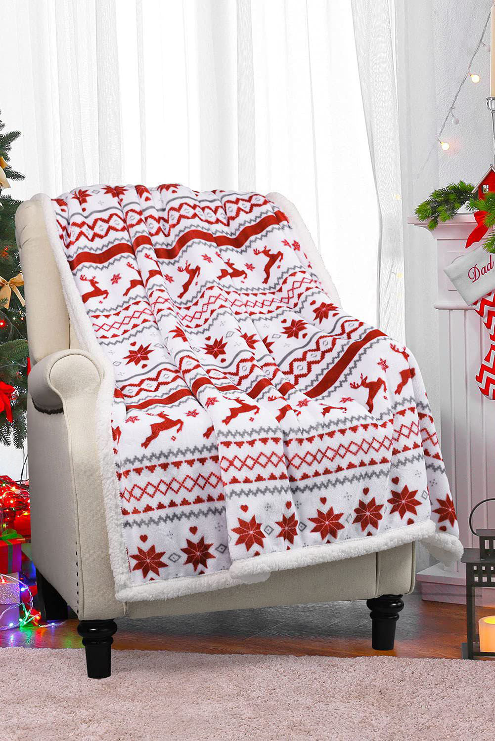 Snow White Reindeer Snowflake Sherpa Blanket