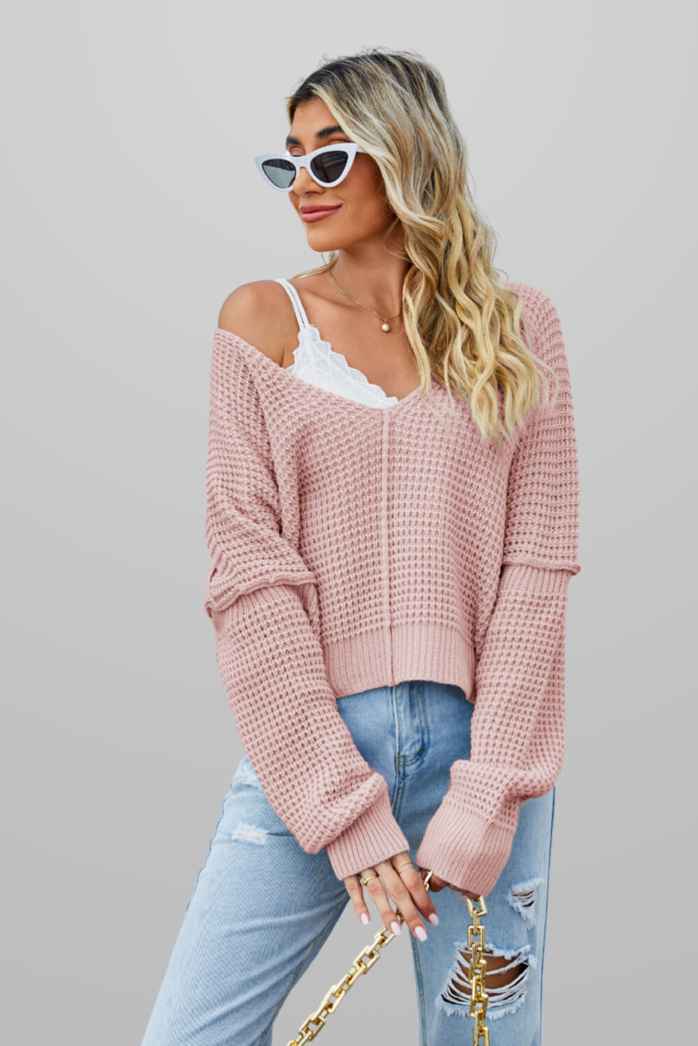 Kelsey Waffle Knit V Neck Sweater