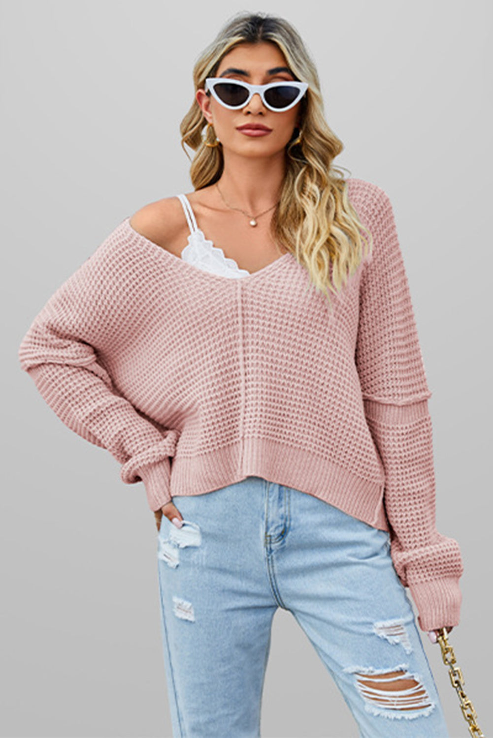 Kelsey Waffle Knit V Neck Sweater