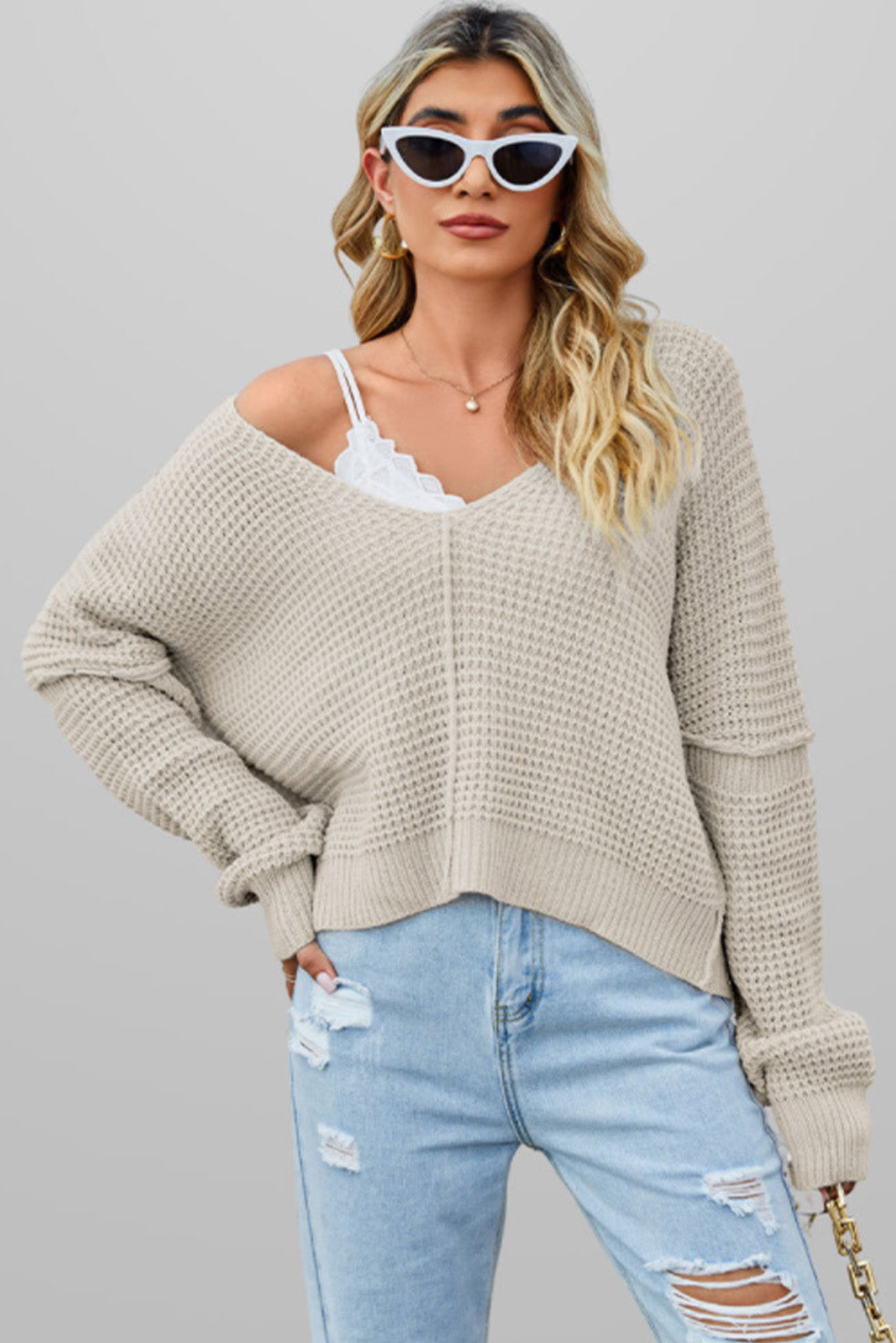 Kelsey Waffle Knit V Neck Sweater