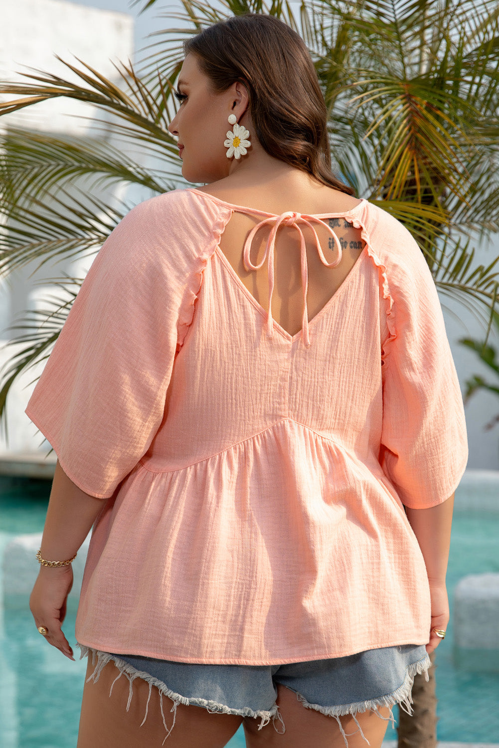 Plus Size Textured Wide Short Sleeve Babydoll Blouse