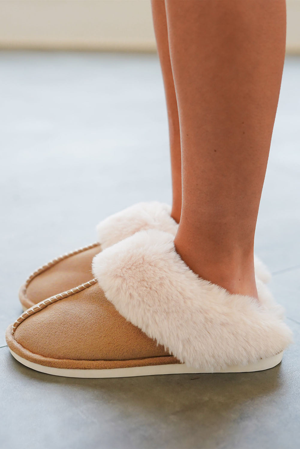 Camel Plush Suede Slippers