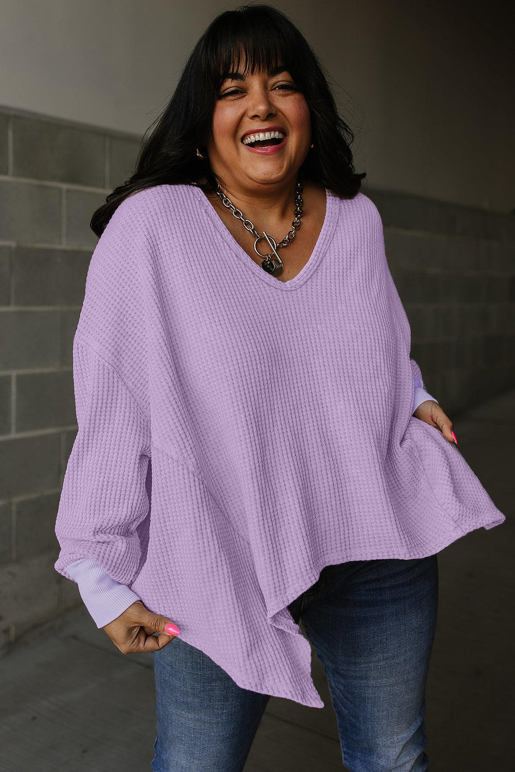 Lilly Plus Size Waffle Knit Exposed Seam Flowy Top