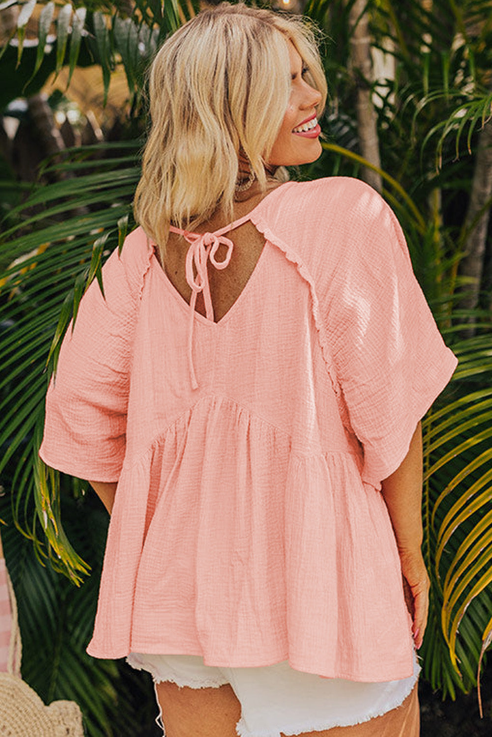 Plus Size Textured Wide Short Sleeve Babydoll Blouse