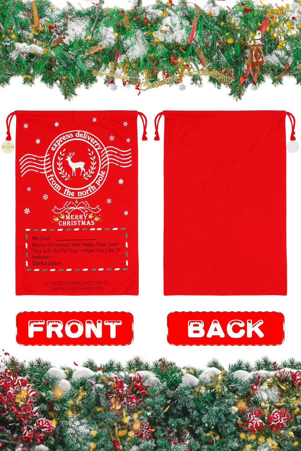 Fiery Red Christmas Graphic Drawstring Gift Sack Bag