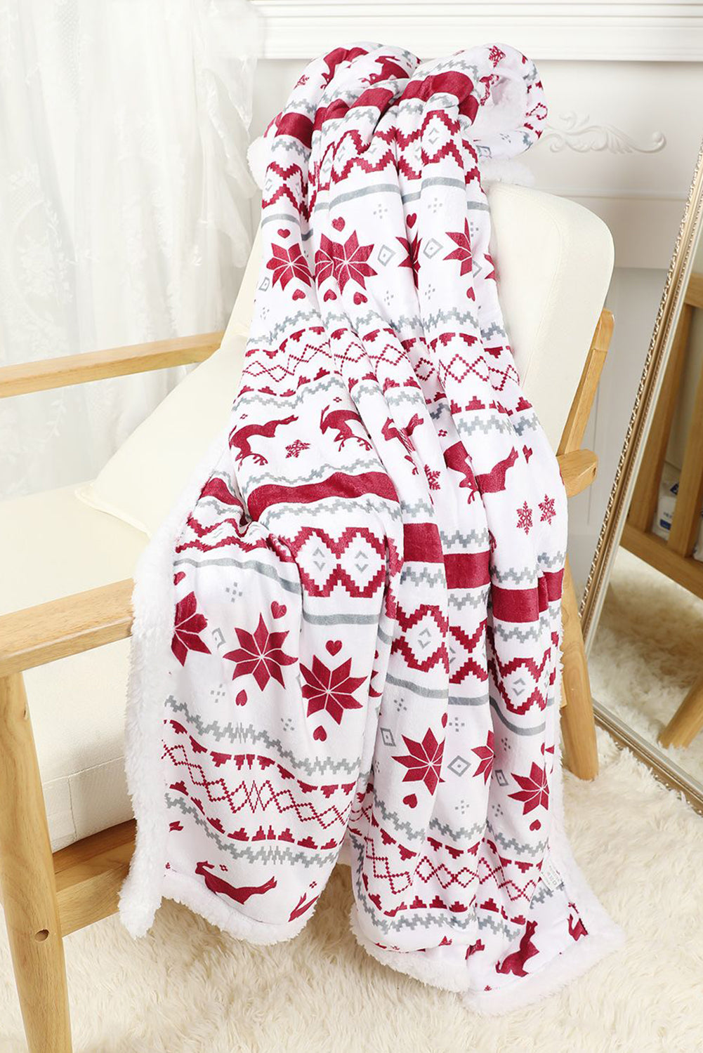 Snow White Reindeer Snowflake Sherpa Blanket